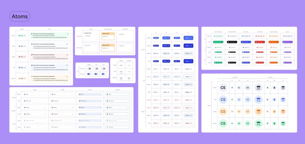 Aura design system atoms: alerts, inputs, buttons, tags and avatars in every state