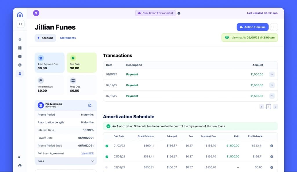 CanopyOS account view with transactions and an amortization schedule