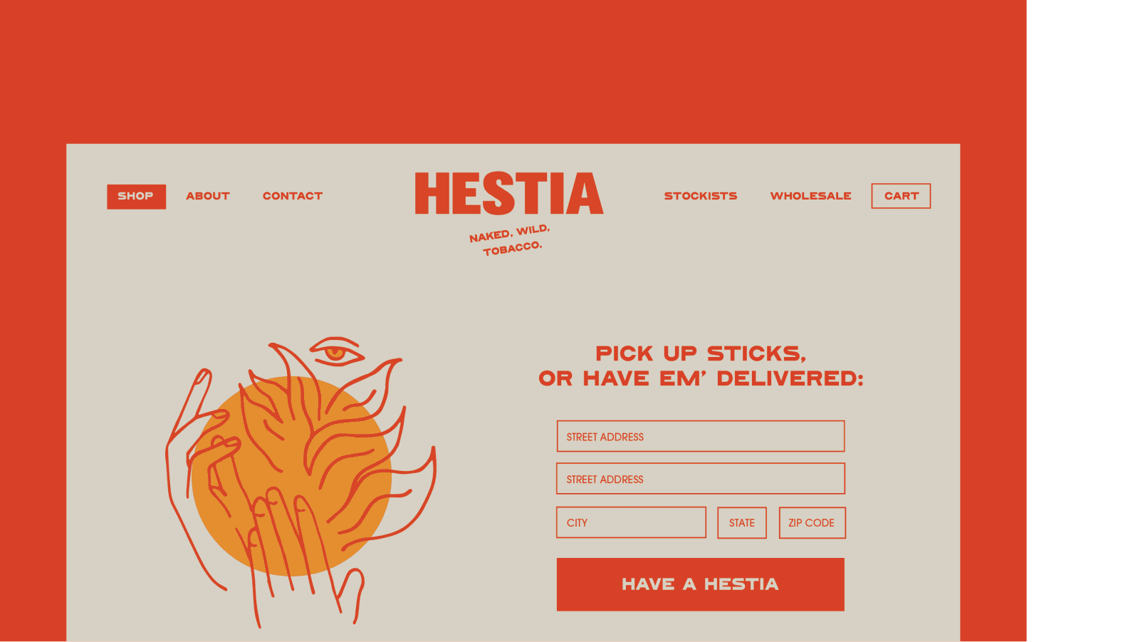 Hestia website in red and cream with a delivery form