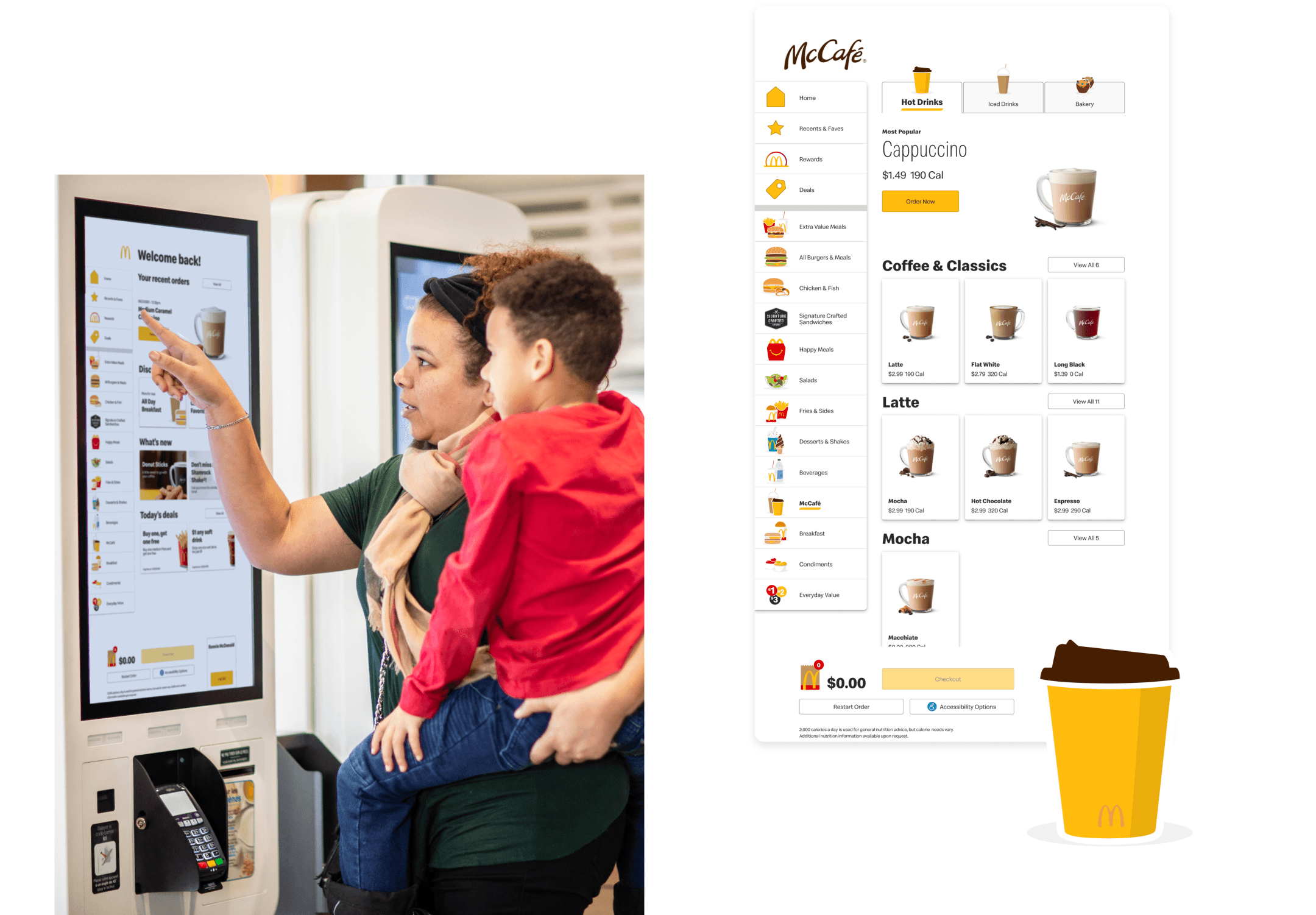 A parent and child ordering at a McDonald’s kiosk, beside the kiosk menu design