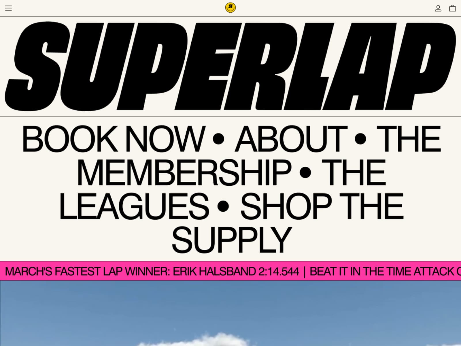 Superlap website with a bold italic wordmark and a lap-time ticker