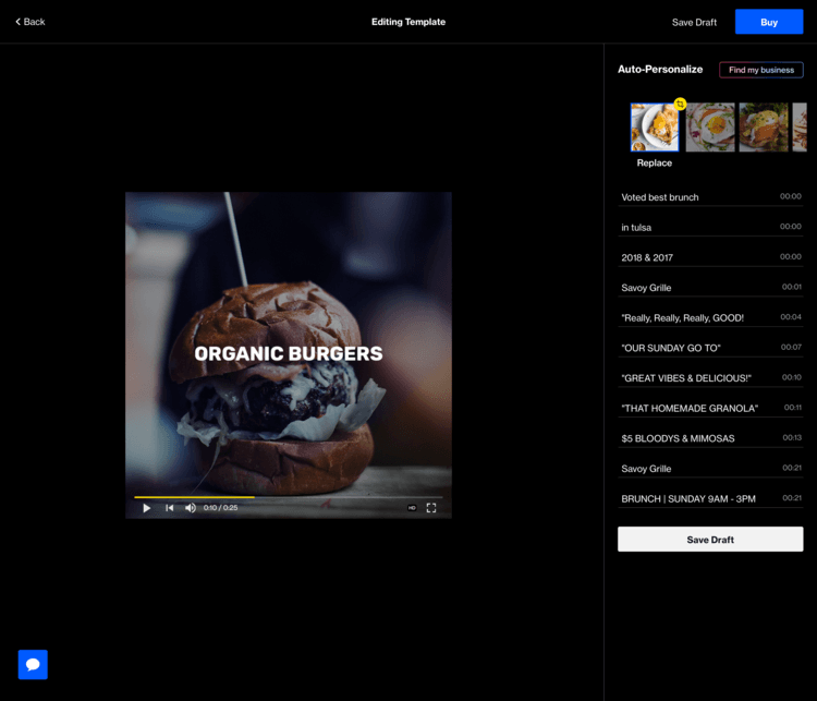 Waymark video editor with a burger ad and a settings panel
